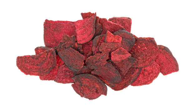 Top view of a serving of salted red beet chips isolated on a white background.