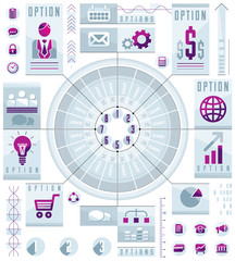 Infographics circular composition, circle divided with sectors and lines, vector layout illustration.