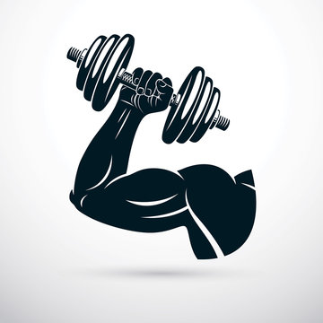 Vector illustration of athletic sportsman arm holding dumbbell. Fitness workout.