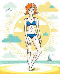 Attractive young red-haired woman posing on tropical beach and wearing blue bikini. Vector nice lady illustration. Summertime theme clipart.