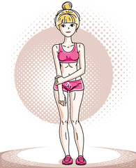 Attractive young blonde sportswoman adult standing. Vector illustration of lady wearing pink shorts.  Sport style.