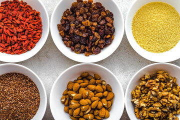 Ingredients of breakfast, healthy superfood on table, food selection, vegetarian diet concept