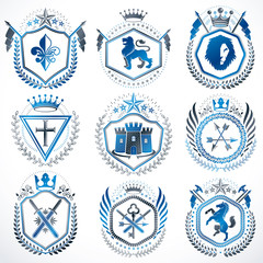 Fototapeta premium Vector vintage heraldic Coat of Arms designed in award style. Medieval towers, armory, royal crowns, stars and other graphic design elements collection.