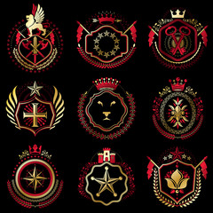 Set of vector retro vintage insignias created with design elements like medieval castles, armory, wild animals, imperial crowns. Collection of coat of arms.