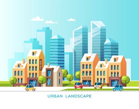 Urban summer landscape. City with skyscrapers and traditional buildings and houses, trees, cars. Vector illustration.