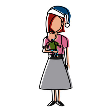 Mom with little baby christmas cartoon icon vector illustration graphic design