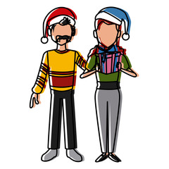 Beautiful couple with christmas hats icon vector illustration graphic design