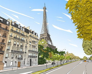 Fototapeta premium Szkic wektor Wieża Eiffla. Paryż, Francja. Ręcznie rysowane ilustracji wektorowych