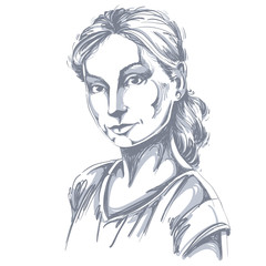 Hand-drawn art portrait of white-skin romantic woman, face emotions theme illustration. Beautiful lady posing on white background, tenderness.