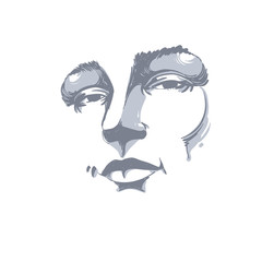 Hand-drawn monochrome portrait of white-skin flirting woman, face emotions theme illustration. Beautiful sexy lady posing on white background, girl with delicate face features.