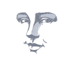 Black and white vector hand-drawn portrait of white-skin flirting woman, face emotions theme illustration. Beautiful sexy lady posing on white background, girl with delicate face features.