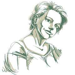 Hand-drawn vector illustration of beautiful romantic woman. Monochrome image, expressions on face of young lady.