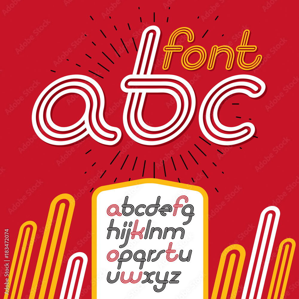 Aufkleber vector retro lowercase english alphabet letters, abc collection. cool disco cursive font, script fro
