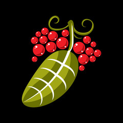 Simple green vector leaf of deciduous tree, stylized nature element. Ecology symbol, can be used in graphic design. Flat leaf with tendrils and red seeds or berries.