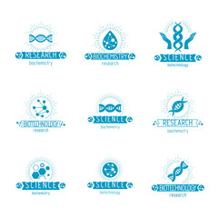 Set of vector models of molecule and human dna. Collection of corporate logotypes created in biomedical engineering, genetics, molecular genetics and biotechnology concepts.