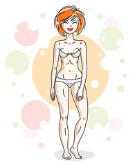 Beautiful young redhead woman in white underwear posing on colorful backdrop with bubbles and circles. Vector nice lady illustration.