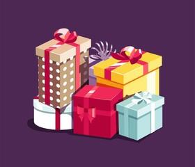 Obraz premium Pile of colorful gift boxes. Vector illustration