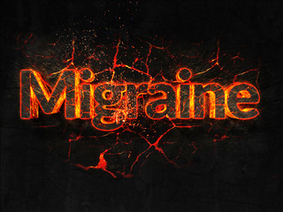 Migraine Fire text flame burning hot lava explosion background.