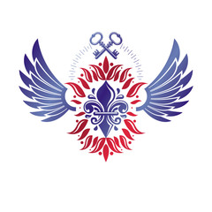 Fototapeta premium Vintage heraldic vector insignia composed with lily flower symbol and security keys. Royal guard theme illustration, winged design element.