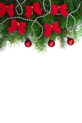 Christmas background with balls and decorations isolated on white with copy space for your text. Top view