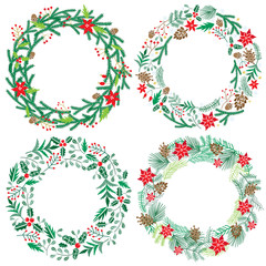 Chriatmas wreath with berries, fir branches. Round frame for winter design. Vector background