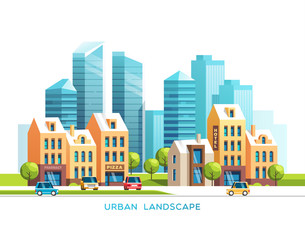 Urban summer landscape. City with skyscrapers and traditional buildings and houses, trees, cars. Vector illustration.