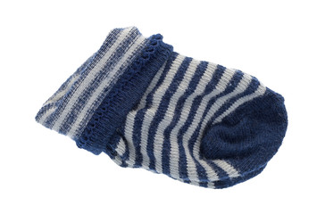 A pair of blue and white baby socks that are folded isolated on a white background.