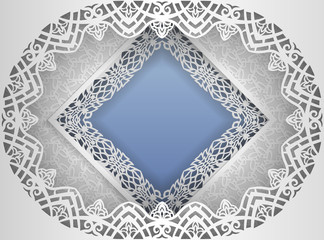 Square white frame in an oval frame with lace edges and a abstract  background inside. Template for wedding and other congratulations. In the middle there is space for text, pictures, photos. Vector.
