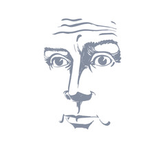 Artistic hand-drawn vector image, black and white portrait of blameworthy and regretful guy. Emotions theme illustration, visage features.