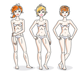 Happy cute young women standing in white underwear. Vector characters set.