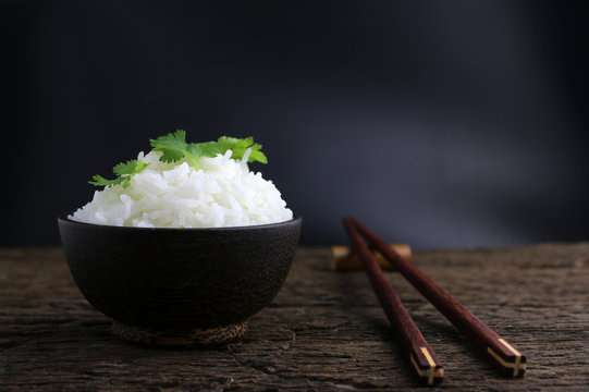 Japanese rice in old wood bowl