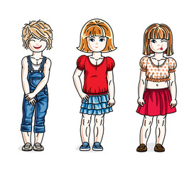 Sweet little girls standing wearing fashionable casual clothes. Vector kids illustrations set.