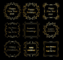 golden decorative frames with christmas greetings - vector set