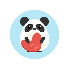Vector illustration of cute panda with heart shape in paws in blue circle on background