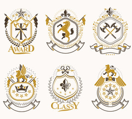 Set of luxury heraldic vector templates. Collection of vector symbolic blazons made using graphic elements, royal crowns, medieval castles, armory and religious crosses.