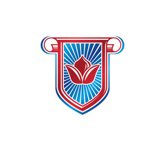 Retro vintage Insignia with lily flower and cartouche. Vector design element, protection shield with rolled-up ends.