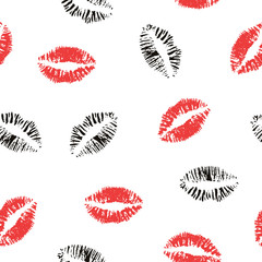 Red lipstick kiss on white background. Vector flat illustration for design. Printing of the lips.
