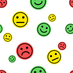 Emoji seamless pattern. Red, green, yellow smileys emoticons positive, neutral and negative on white background. Different mood. Vector illustration