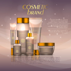 Vector 3D cosmetic illustration on a soft light background with flare effects. Beauty realistic cosmetic product design template.