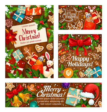 Christmas gifts greeting card on wooden background