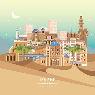 Israel vector banner with jewish landmarks. Travel poster in flat design