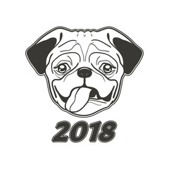 Vector print, silhouette of a pug 2018. Dog symbol of the year.