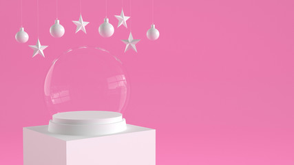 Empty snow glass ball with white tray and podium on pastel pink background with hanging  balls and stars ornaments. For new year or Christmas theme. 3D rendering.
