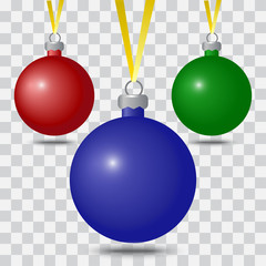 Colorful set Christmas balls with yellow ribbon and shadow on transparent background. Vector illustration