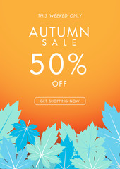 Autumn sale background with vintage colorful leave, vector illustration template, banners, Wallpaper, invitation, posters, brochure, voucher discount.