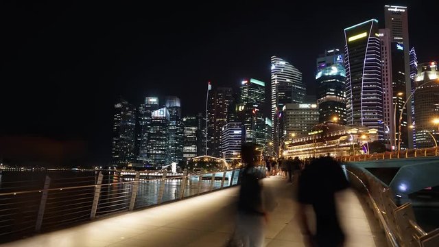 Singapore - November 27, 2017: Beautiful view of Singapore downtown with skyscrapers, shot from Esplanade Bridge in 4k resolution