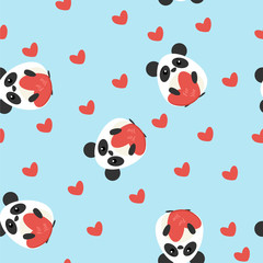 Funny seamless pattern with cute pandas and heart shapes. Flat design illustration