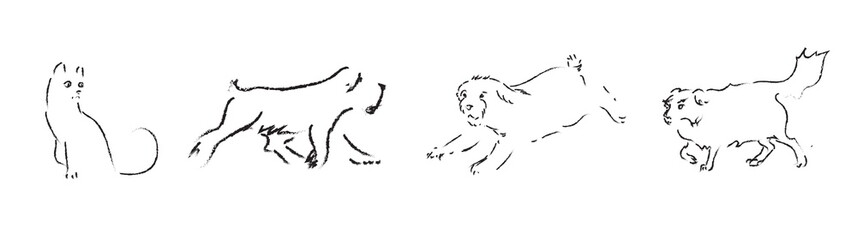 Contour of  hand drawn cat and dogs. Vector imperfect illustration. Black outline of animal on white background. Doodle image. Sketch style.
