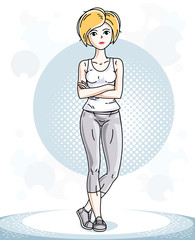 Young beautiful blonde sporty woman standing. Vector character wearing leggings and T-shirt. Sport and fitness theme.