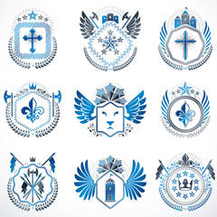 Fototapeta premium Set of vector vintage emblems created with decorative elements like crowns, stars, bird wings, armory and animals. Collection of heraldic coat of arms.